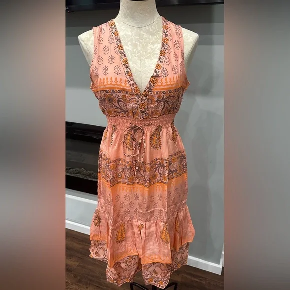 Chaudry KC 100% Silk Coral Ruffle Floral Sleeveless Dress Size M - Picture 1 of 7